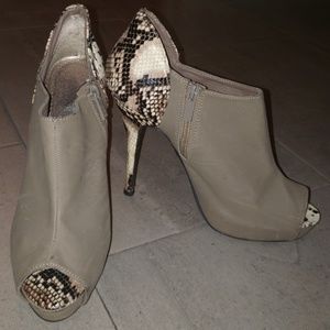 Dollhouse | Faux Suede/Snake Print Peep Toe Heels